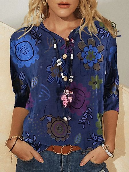 Blumendruckte Langarm-Bluse mit umgedrehtem Kragen für Damen günstig online kaufen