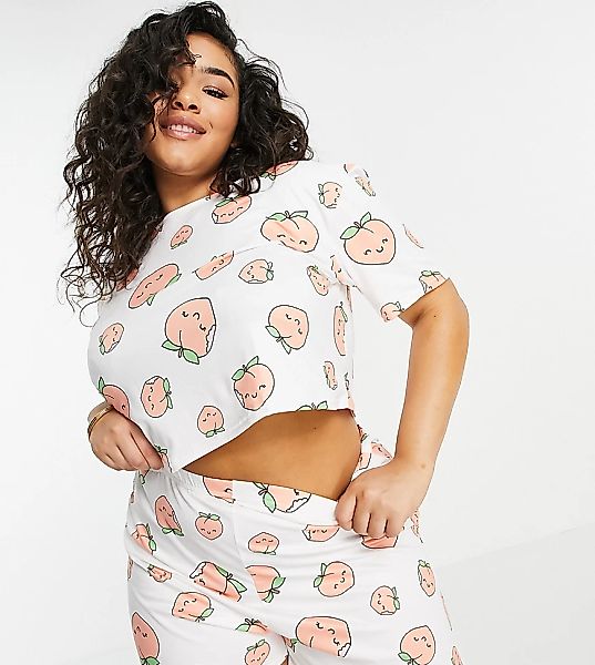 I Saw It First Plus – Pyjama mit Shirt und Shorts mit mehrfarbigem Pfirsich günstig online kaufen