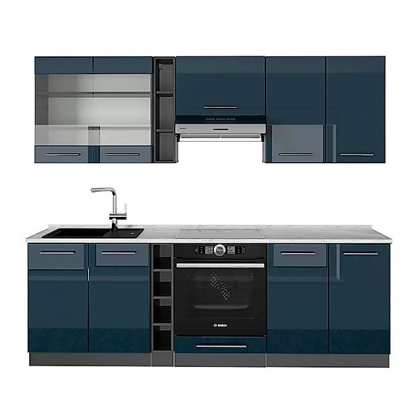 Vicco Fame-Line Küchenzeile Dunkelblau Hochglanz/Anthrazit 235 cm AP Marmor günstig online kaufen