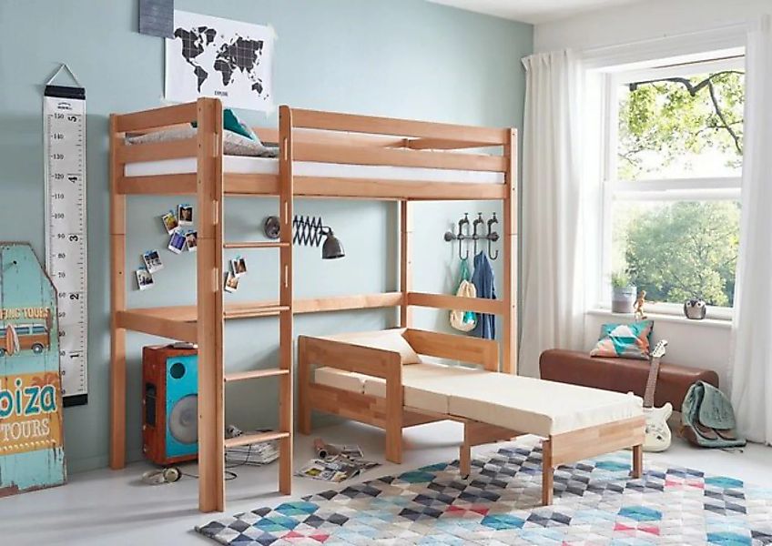 Natur24 Kinderbett Hochbett Toli mit Sessel Buche Weiß lackiert 90x200cm Ei günstig online kaufen