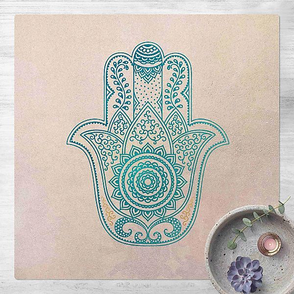 Kork-Teppich Hamsa Hand Illustration Mandala gold blau günstig online kaufen