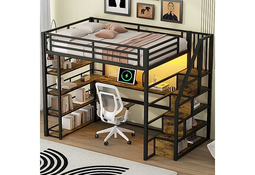 STILVORA Hochbett 140x200 mit Schreibtisch,Jugendbett Eisenbett mit LED-Lic günstig online kaufen