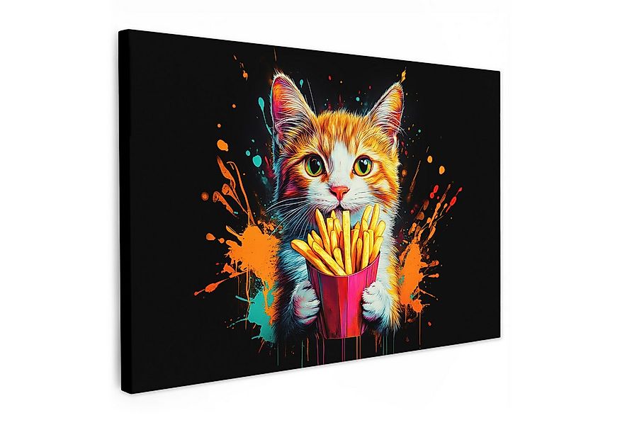 OneMillionCanvasses® Leinwandbild Katze - Essen - Pommes frites - Graffiti günstig online kaufen