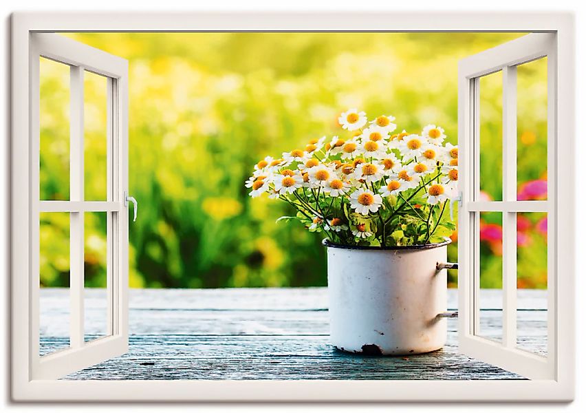 Artland Leinwandbild "Fensterblick Garten mit Gänseblümchen" Blumen 1 Stk. günstig online kaufen
