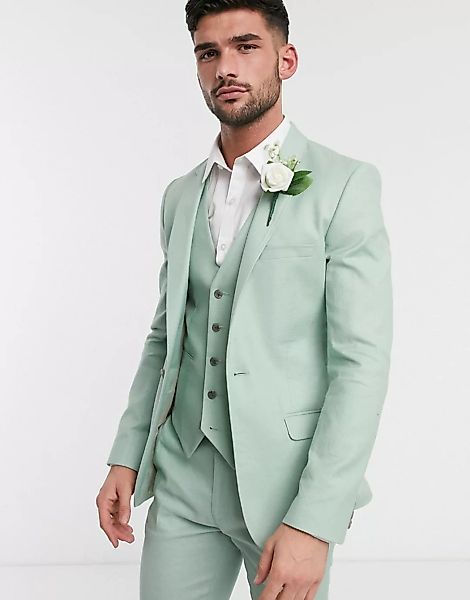 ASOS DESIGN Wedding – Superenges, minzgrünes Anzugjackett aus Baumwoll-Lein günstig online kaufen