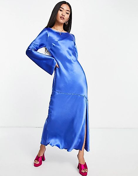 Topshop – Gerafftes Abendkleid aus Satin mit Rückenausschnitt in Kobaltblau günstig online kaufen