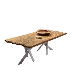 Rustikaler Esszimmertisch in Teak und Altsilberfarben Bruchkante günstig online kaufen