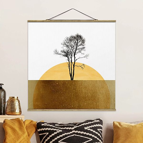 Stoffbild mit Posterleisten Goldene Sonne mit Baum günstig online kaufen