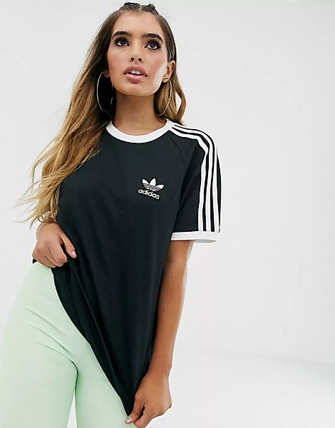 adidas Originals – adicolor – Schwarzes T-Shirt mit drei Streifen günstig online kaufen