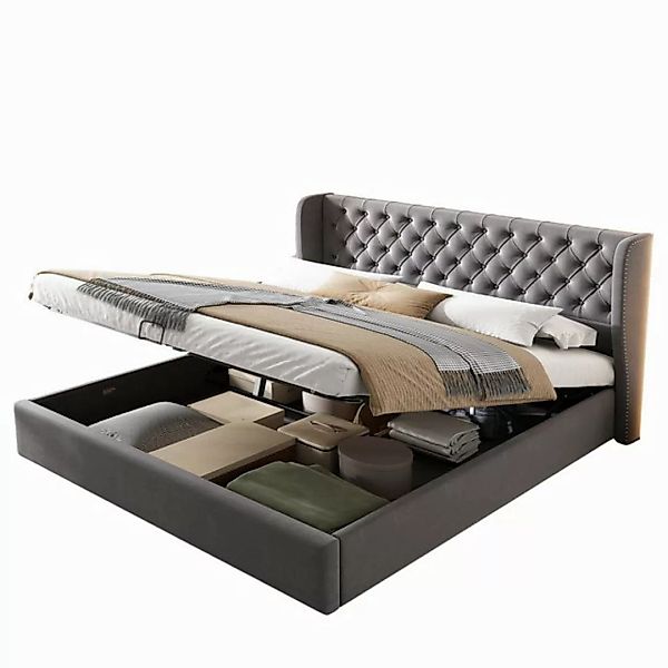 OKWISH Polsterbett Doppelbett Stauraumbett, Kiefernholz Flanell 140*200cm O günstig online kaufen