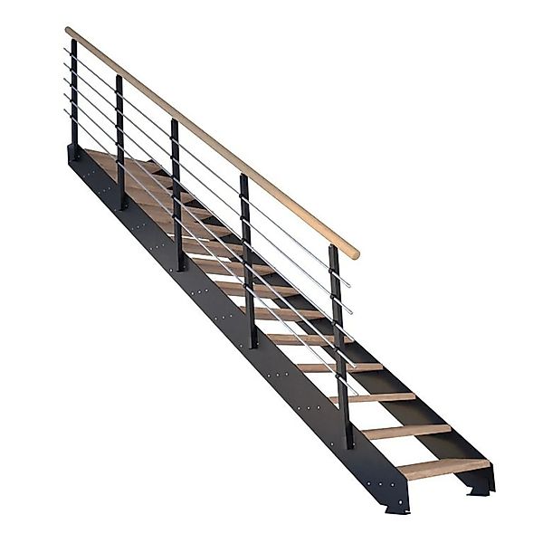 Treppe Kos 16 Stufen Eiche Rustik Geölt 85 cm Metallgeländer Schwarz FSC® günstig online kaufen