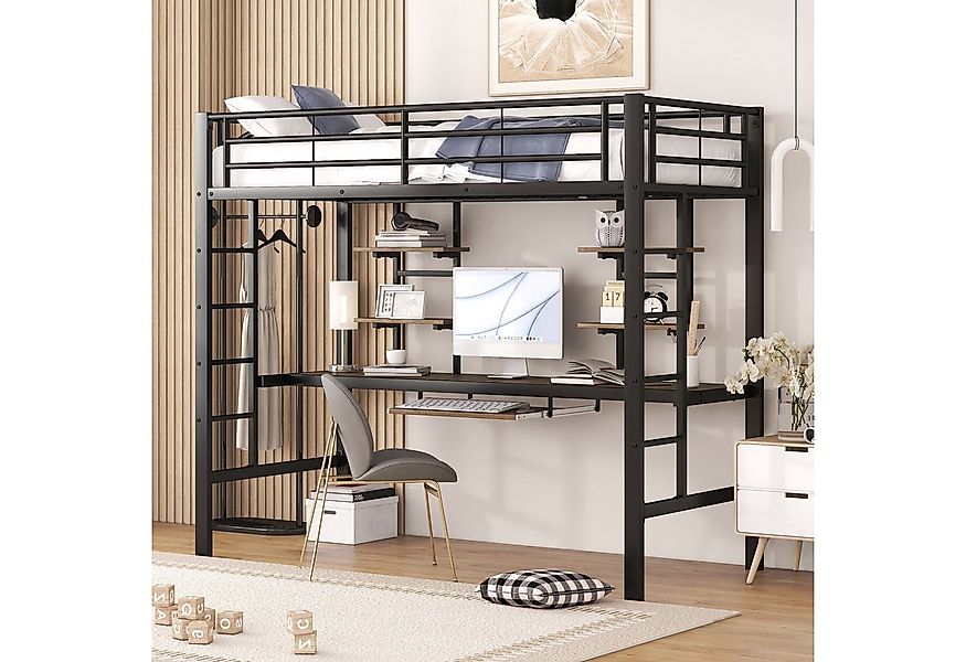 Flieks Hochbett Metallbett Kinderbett mit Schreibtisch & Regal 90x200cm ohn günstig online kaufen
