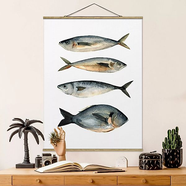 Stoffbild Tiere mit Posterleisten - Hochformat Vier Fische in Aquarell I günstig online kaufen
