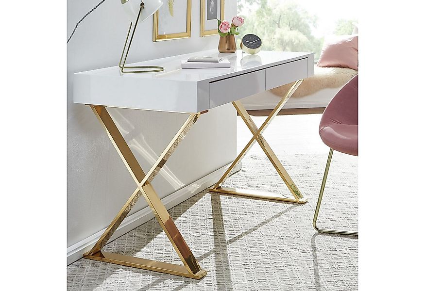 FINEBUY Schreibtisch FB65515 Hochglanz Weiß Gold 118 cm Holz Computertisch günstig online kaufen