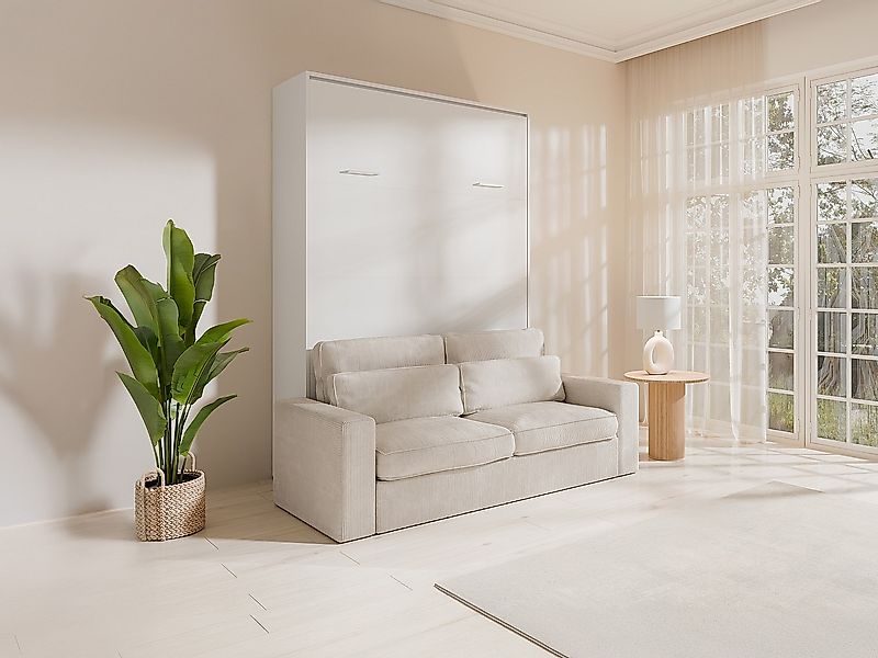 Schrankbett - 160 x 200 cm - Weiß - Vertikale manuelle Öffnung - Mit Sofa - günstig online kaufen