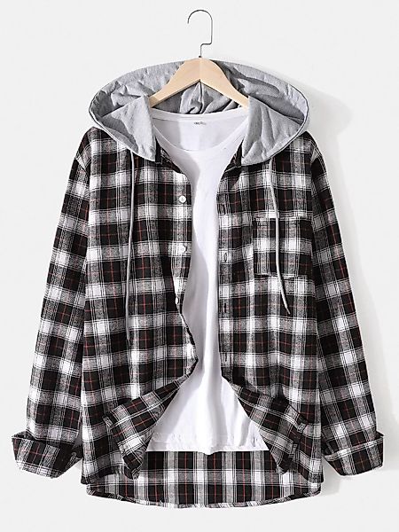 Herren Baumwolle Plaid Button Up Langarm Casual Drawstring Hooded Shirts günstig online kaufen