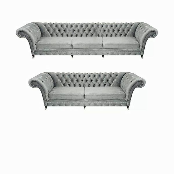 JVmoebel Chesterfield-Sofa Grau Luxus Wohnzimmer Set 3tlg Textil Polstermöb günstig online kaufen