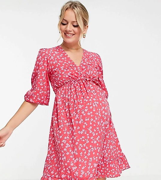 New Look Maternity – Midi-Wickelkleid in Rot mit Blümchenmuster günstig online kaufen