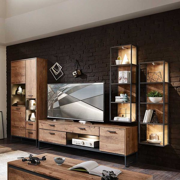 Loft Design Wohnwand in Eiche dunkel Optik und Dunkelgrau 320 cm breit (vie günstig online kaufen