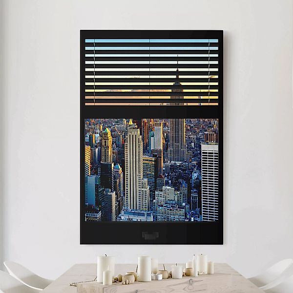 Leinwandbild New York - Hochformat Fensterausblick Jalousie - Sonnenaufgang günstig online kaufen