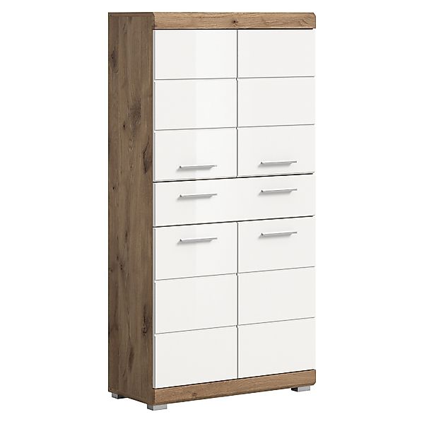Standschrank Wave Weiß Hochglanz/Nox Oak 141 cm x 74 cm x 31 cm günstig online kaufen