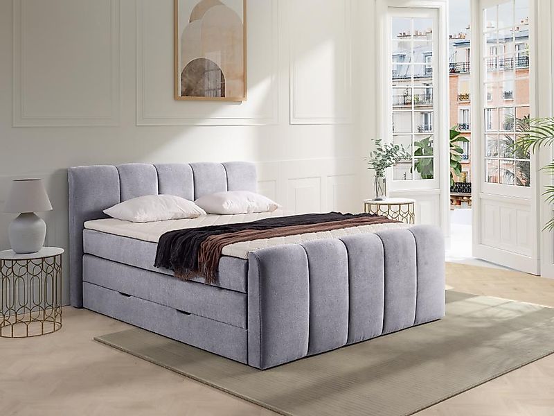 Boxspringbett mit Bettkasten - 160 x 200 cm - Hellgrau - VERONE von DREAMEA günstig online kaufen
