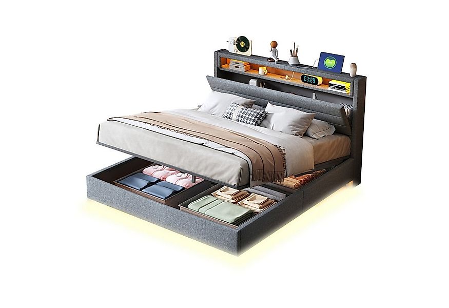 OKWISH Polsterbett Stauraumbett mit USB-Steckdose und LED-Licht, wendbares günstig online kaufen