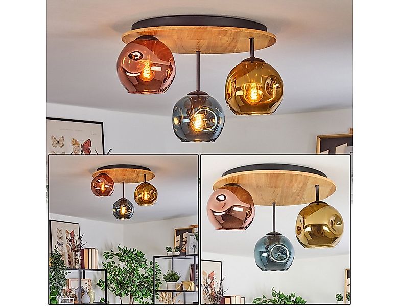 hofstein Deckenleuchte Deckenlampe aus Metall/Holz/Riffelglas, Schwarz/Natu günstig online kaufen