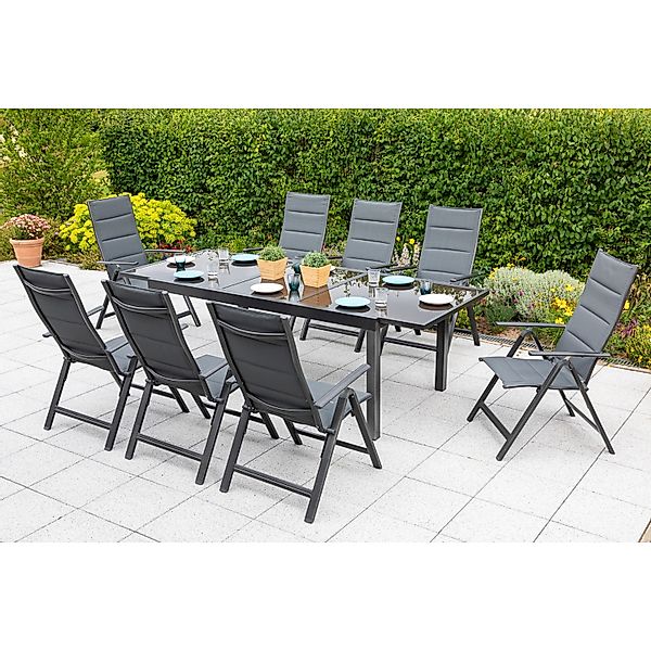 Merxx Taviano Set 9-tlg. 8 Klappsessel Gartentisch 140 (200) x 90 cm Grau günstig online kaufen