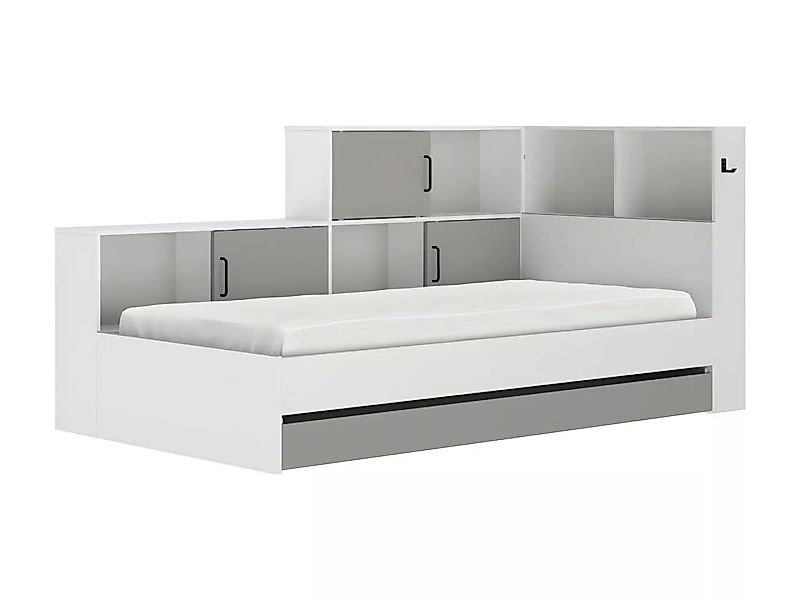 Bett mit Stauraum & Schublade - 90 x 200 cm - Weiß & Grau - ARMAND günstig online kaufen