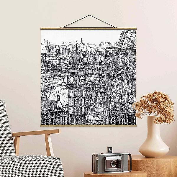 Stoffbild Kunstdruck mit Posterleisten - Quadrat Stadtstudie - London Eye günstig online kaufen