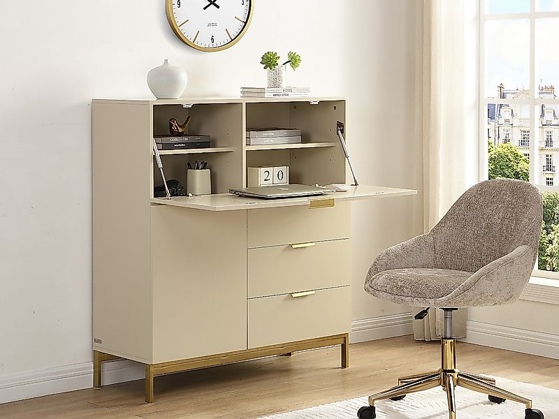 Sekretär mit 2 Türen & 3 Schubladen - MDF & Metall - Beige - ERWIN günstig online kaufen