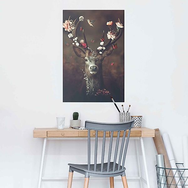 Reinders Poster "Hirsch Romantisch - Kolibri - Schmetterling - Blumenkranz" günstig online kaufen