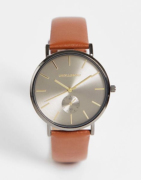 ASOS DESIGN – Klassische Armbanduhr mit Zifferblatt in Braun und Armband in günstig online kaufen