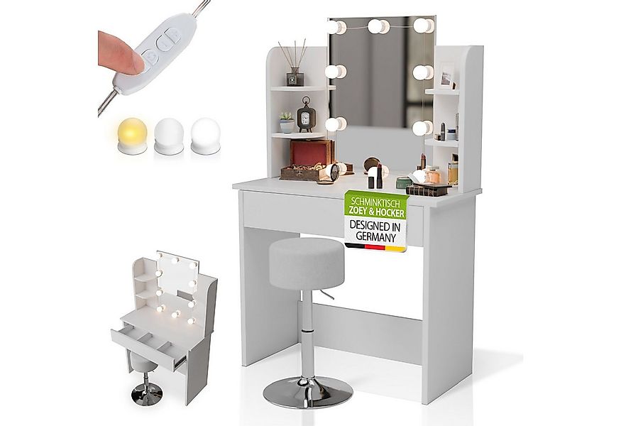 Juskys Schminktisch Zoey, LED-Beleuchtung, inklusive Hocker, viel Stauraum, günstig online kaufen
