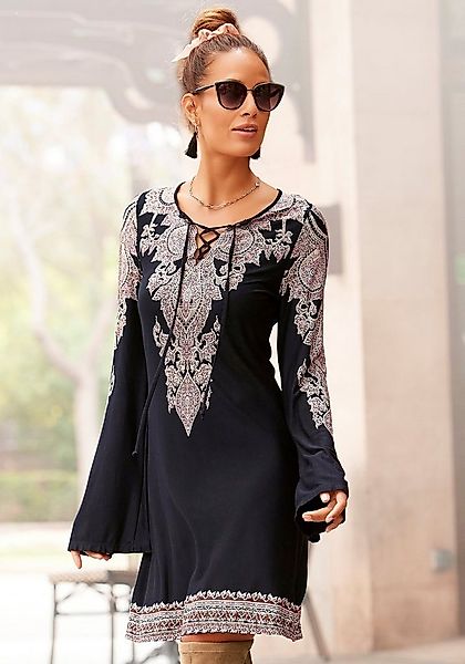 LASCANA Jerseykleid mit Bordürendruck und Schnürung am Ausschnitt, Sommerkl günstig online kaufen