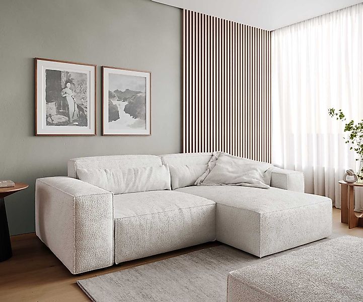 Ecksofa Sirpio 230x150 cm Bouclé Creme-Weiß Recamiere variabel mit Hocker günstig online kaufen