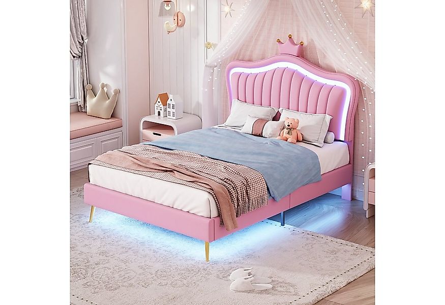 Flieks Polsterbett, LED Beleuchtung Krone Kunstleder Doppelbett 140x200cm r günstig online kaufen