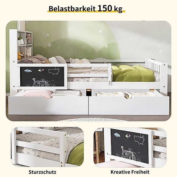 Flieks Kinderbett, Kiefer Massivholzbett mit 2 Schubladen und Tafel 90x200c günstig online kaufen