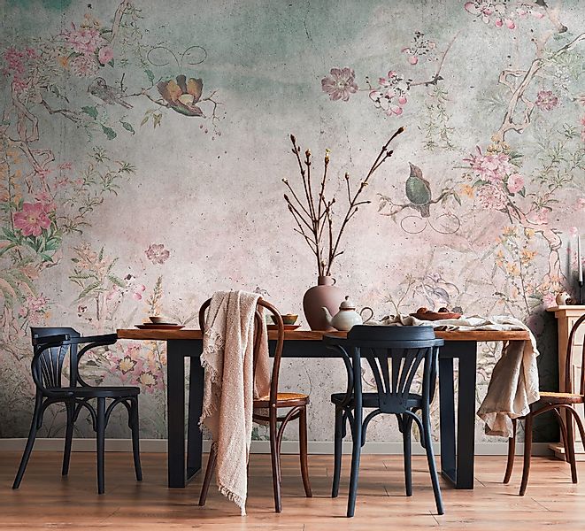 living walls Fototapete "THE WALL III florale Tapete Motivtapete Blumen Vög günstig online kaufen