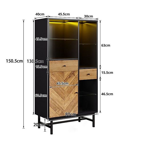 Ulife Vitrine mit 12-farbigem LED-Lichtband, 2 Schubladen und Glasböden Küc günstig online kaufen