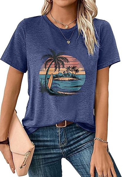 PYL Rundhalsshirt Damen bequemes t shirt Sommer Kurzarm Strand Tropisch Pal günstig online kaufen