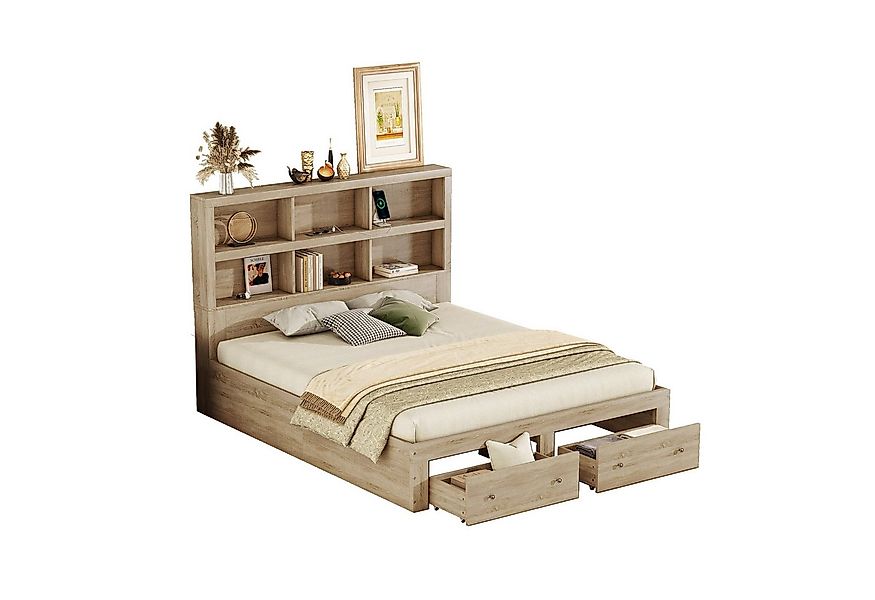 SOFTWEARY Massivholzbett mit Lattenrost und Schubladen (160x200 cm), Kopfte günstig online kaufen