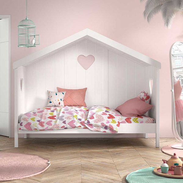 Kinderzimmer Bett Haus weiß mit Herz Motiv 172 cm hoch günstig online kaufen