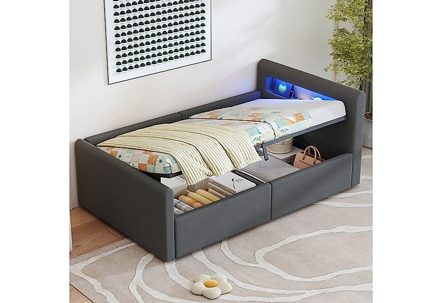 OKWISH Polsterbett Kinderbett Stauraumbett (mit LED-Licht und USB-Ladeansch günstig online kaufen