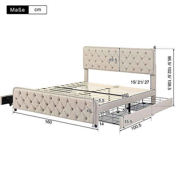 HAUSS SPOLE Polsterbett 160x200cm mit 4 Schubladen,höhenverstellbares Kopft günstig online kaufen