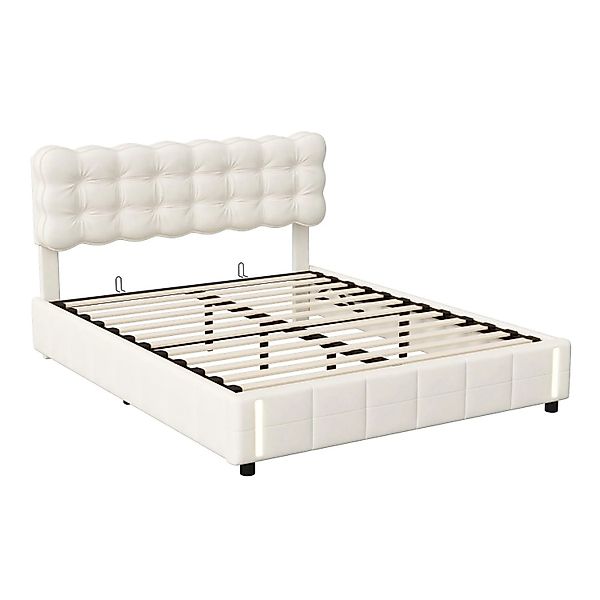 PXloue Hydraulisches Stauraumbett-Doppelbett mit LED-Samt Beige 160x200cm günstig online kaufen