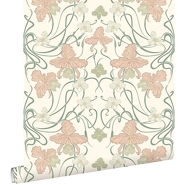 ESTAhome Tapete Blumenmuster im Jugendstil Crême-Weiß Hellrosa und Graugrün günstig online kaufen