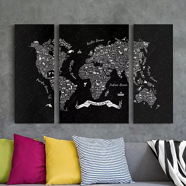 3-teiliges Leinwandbild Weltkarte - Querformat Typografie Weltkarte schwarz günstig online kaufen