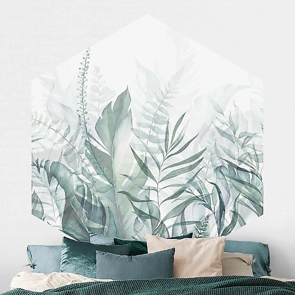 Hexagon Fototapete selbstklebend Botanik - Tropische Blätter Grün günstig online kaufen